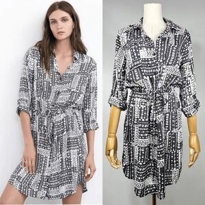 Velvet by Graham & Spencer Patterned Button Down Shirt Dress Grey & Cream Sz S